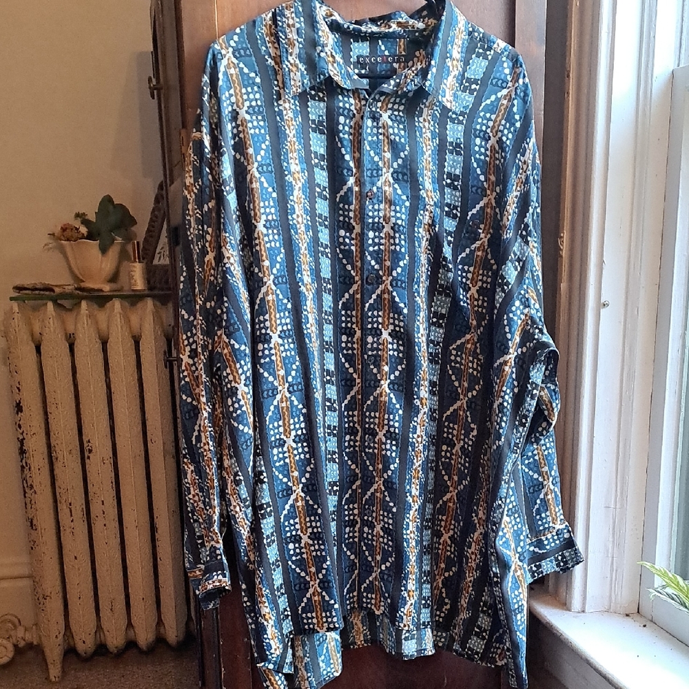 Excetera Men's 2X Vintage 100% Silk Blue Brown And Black Geometric Print Shirt